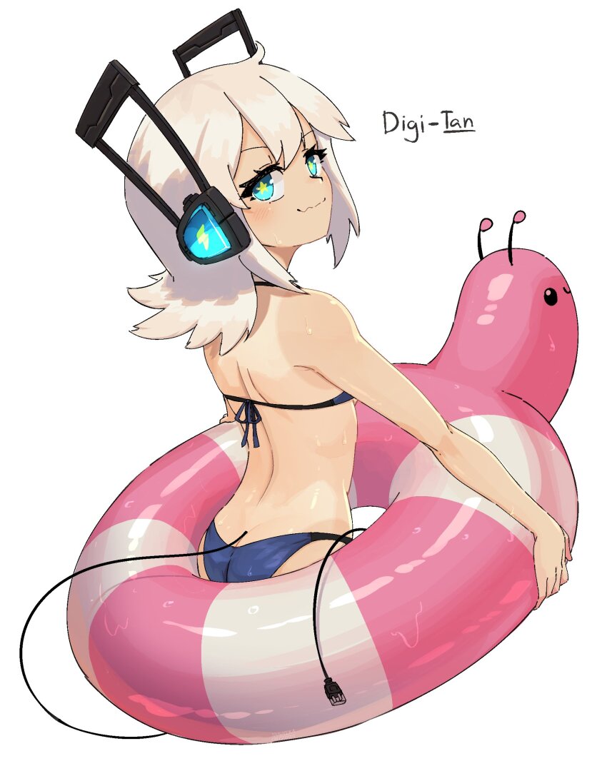 1girl absurdres aqua_eyes back bikini blue_bikini blush borrowed_character breasts cable cable_tail candy_snail_(porforever) cropped_legs digitan_(porforever) electric_plug electric_plug_tail from_behind highres innertube lightning_bolt_symbol long_hair mechanical_tail original robot_ears simple_background smile solo star-shaped_pupils star_(symbol) suweeka swim_ring swimsuit symbol-shaped_pupils tail tail_wrap white_background white_hair