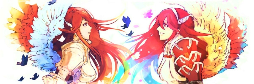 1girl caeldori_(fire_emblem) cordelia_(fire_emblem) fire_emblem fire_emblem_awakening fire_emblem_fates hair_between_eyes hair_ornament hairband hotate_rayan long_hair looking_at_another nintendo red_eyes red_hair smile white_hairband wing_hair_ornament winged_hair_ornament winged_hairband