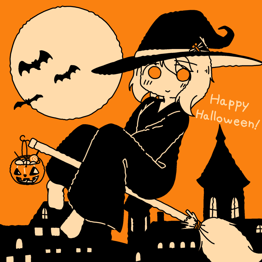 1girl bat_(animal) black_dress black_hat broom broom_riding building closed_mouth dress emesan_desu full_body full_moon halloween halloween_bucket happy_halloween hat highres long_dress looking_at_viewer medium_hair moon orange_eyes orange_theme original witch witch_hat