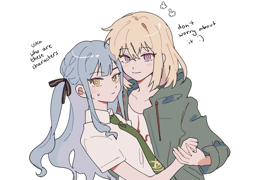 2girls absurdres akmizuk bang_dream! bang_dream!_it&#039;s_mygo!!!!! black_ribbon blonde_hair blue_hair blush closed_mouth commentary cosplay danganronpa_(series) danganronpa_2:_goodbye_despair english_commentary english_text green_jacket green_necktie hair_between_eyes hair_ribbon highres hinata_hajime hinata_hajime_(cosplay) holding_hands hood hood_down hooded_jacket jacket komaeda_nagito komaeda_nagito_(cosplay) long_hair long_sleeves medium_hair misumi_uika multiple_girls necktie purple_eyes ribbon shirt short_sleeves sidelocks simple_background sweatdrop togawa_sakiko upper_body white_background white_shirt yuri
