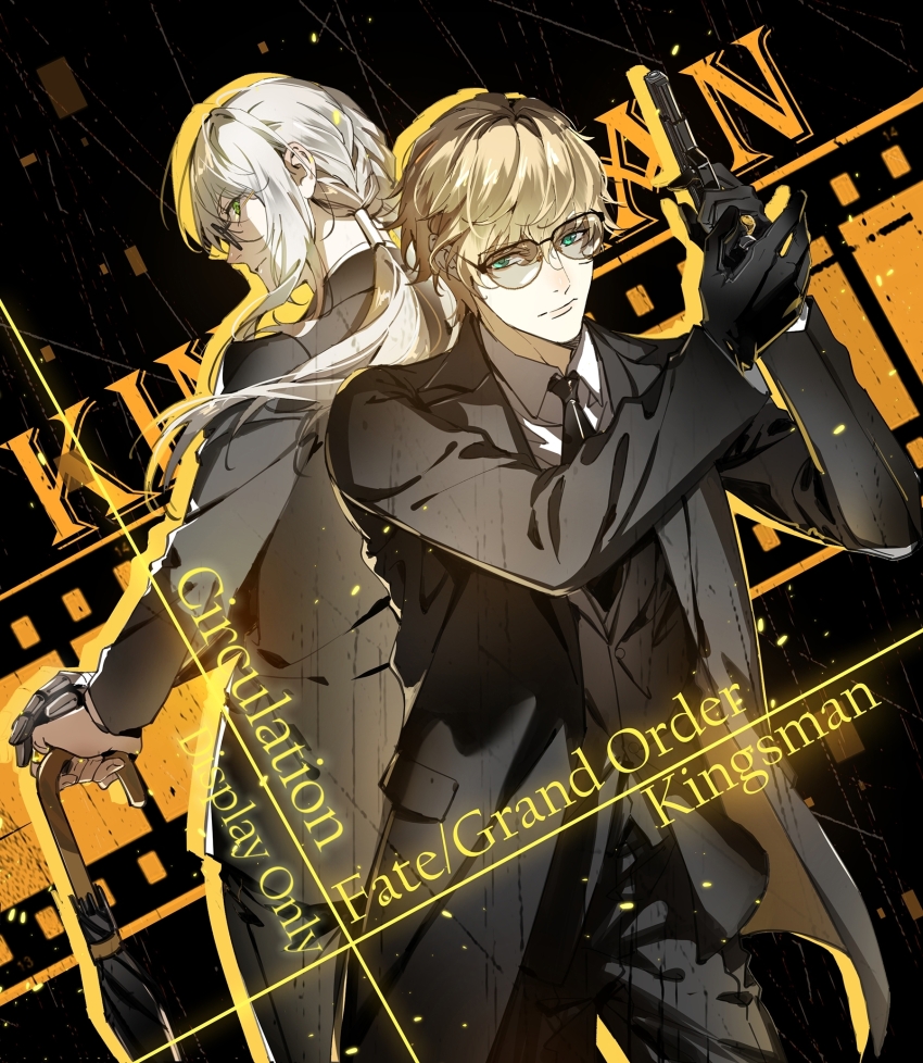 2boys artist_request bedivere_(fate) black_gloves black_jacket black_necktie blonde_hair blue_eyes chinese_commentary collared_shirt commentary_request commission cowboy_shot fate/grand_order fate_(series) formal_clothes french_braided_twintails gawain_(fate) glasses gloves green_eyes gun hair_between_eyes hair_tubes handgun highres holding holding_gun holding_weapon jacket kingsman:_the_secret_service long_hair long_sleeves looking_at_viewer male_focus multiple_boys necktie parody second-party_source shirt short_hair suit umbrella weapon white_shirt