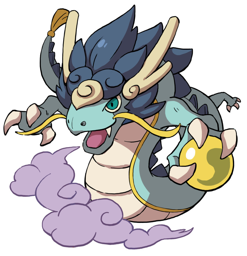blue_eyes blue_hair claws cloud dragon eastern_dragon fangs highres holding_orb long_hair no_humans official_art open_mouth seiryuu_(youkai_watch) simple_background third-party_source whiskers white_background youkai_(youkai_watch) youkai_watch