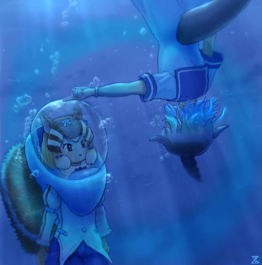 2girls animal_ears blue_hair brown_hair cetacean_tail chipmunk_ears chipmunk_girl chipmunk_tail common_bottlenose_dolphin_(kemono_friends) extra_ears fins fish_tail gloves imnim_leef kemono_friends kemono_friends_v_project microphone multiple_girls ribbon sailor_collar shirt short_hair shorts siberian_chipmunk_(kemono_friends) tail vest virtual_youtuber