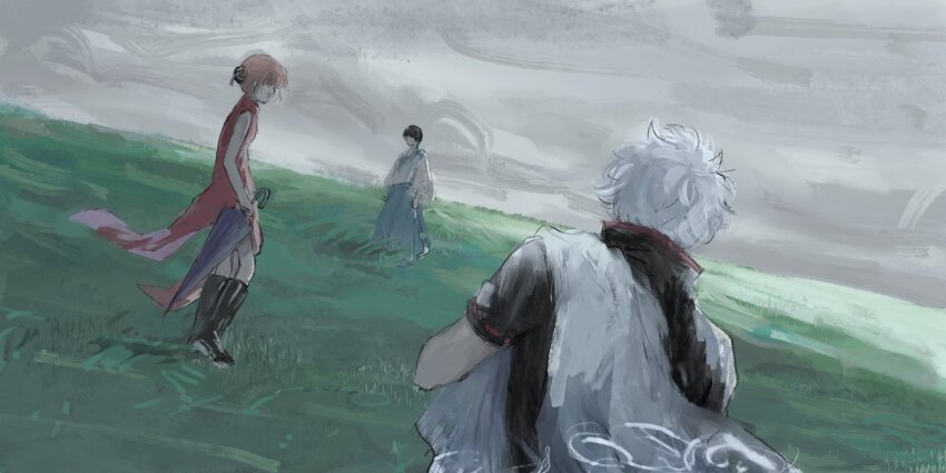 1girl 2boys black_boots black_hair black_shirt blue_pants boots cloud cloudy_sky field full_body gintama highres holding holding_umbrella japanese_clothes kagura_(gintama) kimono lushu_kuye multiple_boys orange_hair pants sakata_gintoki shimura_shinpachi shirt sky umbrella upper_body white_hair white_kimono