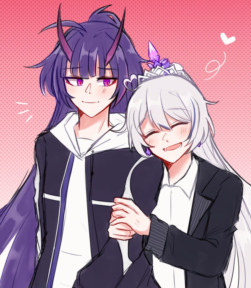 2girls :d ^_^ absurdres ahoge ash_zu028 black_jacket blush closed_eyes collared_shirt commentary_request earrings happy head_on_another&#039;s_shoulder heart height_difference highres holding_another&#039;s_arm honkai_(series) honkai_impact_3rd hood hood_down hoodie horns jacket jewelry kiana_kaslana kiana_kaslana_(herrscher_of_flamescion) kiana_kaslana_(time_runner) long_hair looking_at_another multiple_girls notice_lines open_clothes open_jacket open_mouth purple_eyes purple_hair purple_horns raiden_mei raiden_mei_(herrscher_of_thunder) shirt smile thai_commentary tiara upper_body very_long_hair white_hair white_hoodie white_shirt yuri