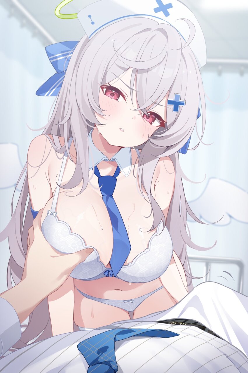 1boy 1girl angel_wings bad_id bad_twitter_id beatrixa_(stella_sora) blue_necktie bra breasts commentary_request deyui erection grey_hair groping halo hat hetero highres indoors large_breasts long_hair looking_at_viewer necktie nurse_cap panties pink_eyes stella_sora sweat thighhighs underwear v-shaped_eyebrows white_bra white_panties white_thighhighs wings