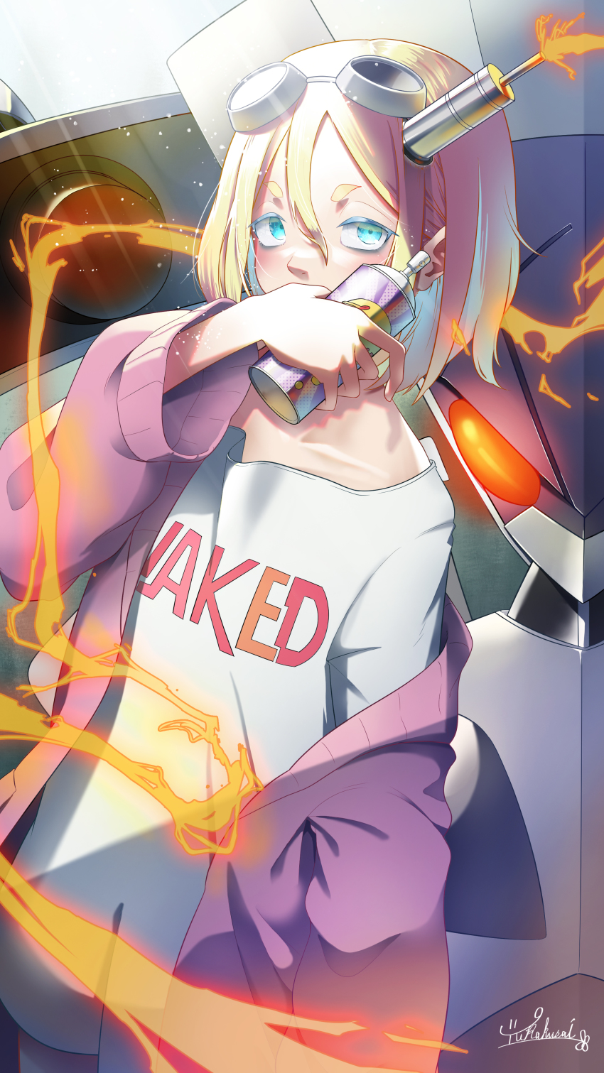 1girl absurdres blue_eyes blush can clothes_writing collarbone completion_time flat_chest glowing glowing_eye goggles goggles_on_head hair_between_eyes highres holding holding_can jacket listeners looking_at_viewer mecha melvin_(listeners) nir_(listeners) orange_eyes purple_jacket robot shirt shirt_writing short_hair spray_can v-shaped_eyebrows white_shirt yurakusai