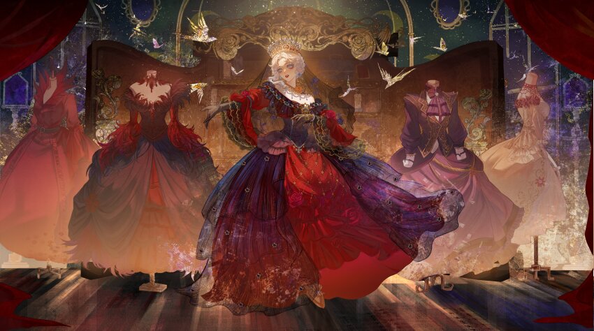 1girl absurdres bell_sleeves bird black_dress black_gloves black_veil blank_eyes blue_eyeshadow blue_gemstone book bracelet braid candle chinese_commentary colored_eyelashes crown curtained_hair curtains dress dress_flower drill_hair drill_sidelocks earrings elbow_gloves eyeshadow feather_dress feather_sleeves floating_earrings floral_print flower flower_necklace full_body gem gloves gown hair_bun half_up_braid hand_on_own_chest highres identity_v jewelry jewelry_box juliet_sleeves lipstick long_sleeves looking_at_animal makeup mannequin mary_(amethyst_duchess)_(identity_v) mary_(bloodbath)_(identity_v) mary_(false_hope)_(identity_v) mary_(identity_v) mary_(last_dance)_(identity_v) necklace off-shoulder_dress off_shoulder official_alternate_costume outstretched_arm parted_bangs parted_lips pearl_(gemstone) pearl_bracelet pearl_necklace picture_frame puffy_sleeves purple_dress red_dress red_flower red_lips red_rose rose see-through_clothes shelf shoes sidelocks single_hair_bun single_sidelock smile solo standing two-tone_dress veil white_hair window wooden_floor yanxi373 yellow_dress yellow_flower yellow_rose yellow_shoes