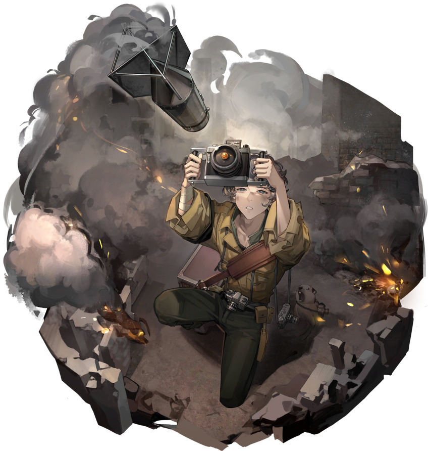 1boy aerial_bomb arms_up bandaged_arm bandages brick_wall broken_wall brown_bag camera click_(reverse:1999) full_body green_pants highres holding holding_camera incoming_attack jacket long_sleeves marmot missile official_art on_one_knee pants reverse:1999 smoke solo soot third-party_source wall war yellow_jacket