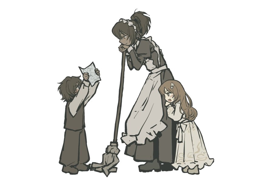 1boy 2girls apron bakupaku black_dress brown_eyes brown_hair catherine_(project_moon) closed_mouth drawing_(object) dress frilled_apron frilled_dress frills full_body heathcliff_(project_moon) highres holding holding_drawing holding_mop juliet_sleeves limbus_company long_hair long_sleeves maid maid_apron maid_headdress mop multiple_girls nelly_(project_moon) open_mouth project_moon puffy_sleeves ribbon smile white_apron white_dress white_ribbon