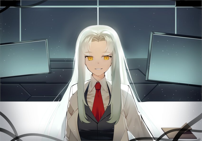 1girl absurdres angela_(project_moon) black_vest blue_hair coat collared_shirt hi_i_dubu highres lab_coat lapels light_particles lobotomy_corporation long_hair monitor notched_lapels parted_bangs parted_lips project_moon shirt sidelocks smile solo very_long_hair vest white_coat white_shirt