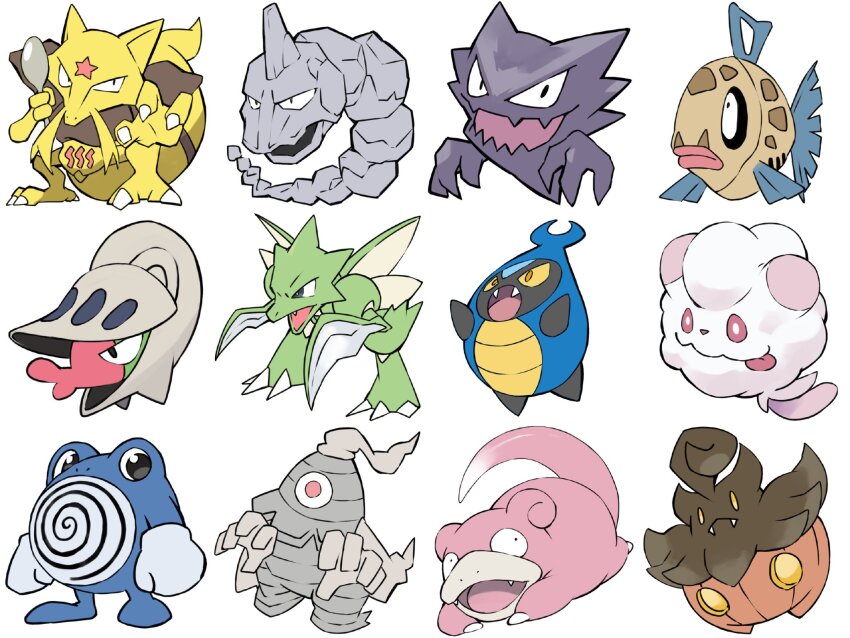 animal_focus claws closed_mouth colored_skin commentary_request detached_arm dusclops facial_mark fangs feebas fish forehead_mark gara_(qbeuxvii22) gen_1_pokemon gen_3_pokemon gen_5_pokemon gen_6_pokemon ghost haunter highres holding holding_spoon kadabra karrablast nintendo no_humans one-eyed onix open_mouth pink_skin pokemon pokemon_(creature) poliwhirl pumpkaboo purple_skin red_eyes scyther shelmet simple_background skin_fangs slowpoke spoon star_(symbol) swirlix tail white_background yellow_eyes