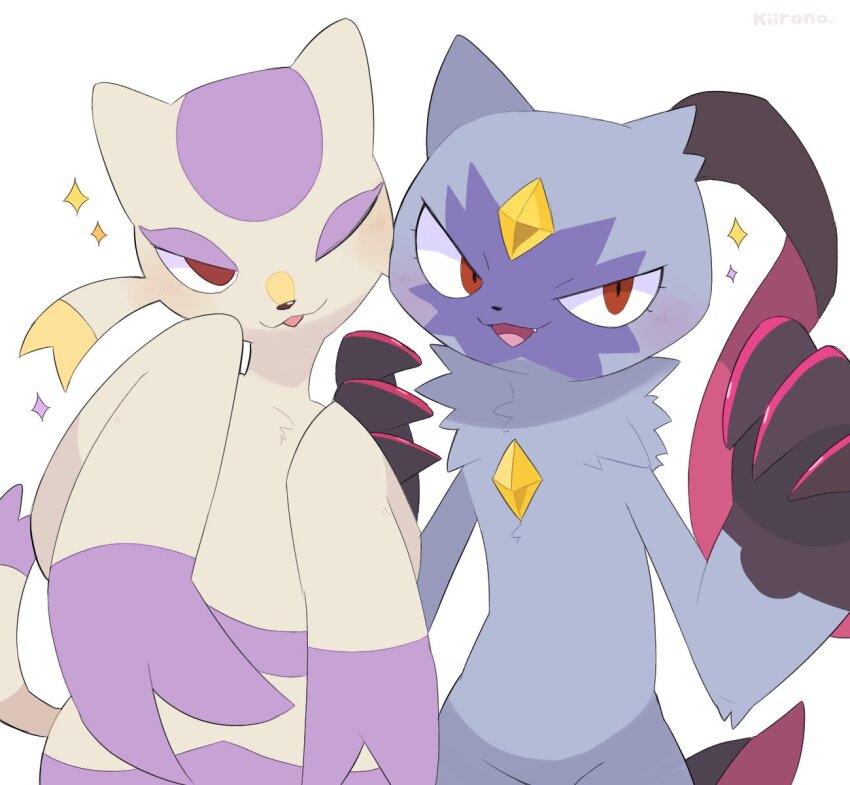 gen_5_pokemon grey_fur highres kiirono looking_at_viewer mienshao nintendo no_humans one_eye_closed open_mouth pokemon pokemon_(creature) purple_fur red_eyes simple_background sneasler sparkle two-tone_fur upper_body white_background white_fur