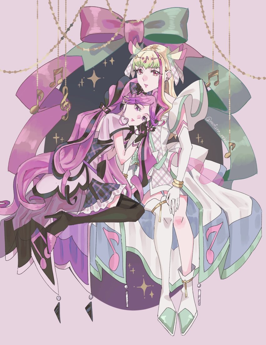 2girls back_ribbon black_hair black_socks blonde_hair blunt_bangs boots bracelet braid cure_kiss cure_zukyuun dress earrings elbow_gloves fortissimo frilled_dress frilled_sleeves frills from_side gingham_dress gloves gradient_hair hair_extensions hair_ornament hair_ribbon hair_wings head_on_another&#039;s_shoulder high_heels highres jewelry kimi_to_idol_precure knee_boots leaning_to_the_side long_hair looking_at_viewer mature_female mofuru_neko multicolored_hair multiple_earrings multiple_girls musical_note musical_note_hair_ornament parted_bangs pearl_earrings pink_eyes pink_hair precure purple_eyes ribbon sideways_glance single_bare_leg single_bare_shoulder single_elbow_glove single_knee_boot sitting_sideways socks twin_braids twintails very_long_hair wing_hair_ornament wrist_cuffs