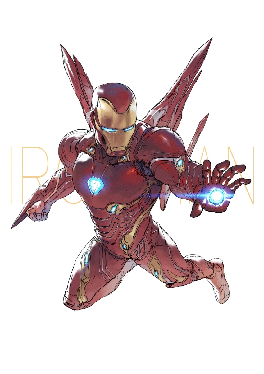 1boy 330103329 absurdres arc_reactor armor avengers:_infinity_war avengers_(series) character_name clenched_hand commentary_request flying full_armor full_body highres iron_man marvel marvel_cinematic_universe mechanical_wings multicolored_armor power_armor red_armor simple_background solo superhero_costume white_background wings yellow_armor
