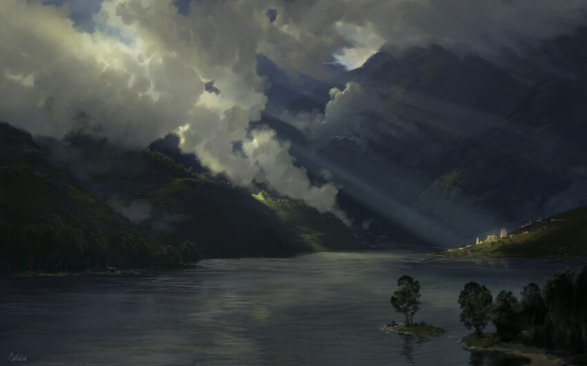 absurdres cloud cloudy_sky commentary english_commentary highres hill lake mountain nature no_humans original outdoors philipp_urlich scenery sky sunlight tree