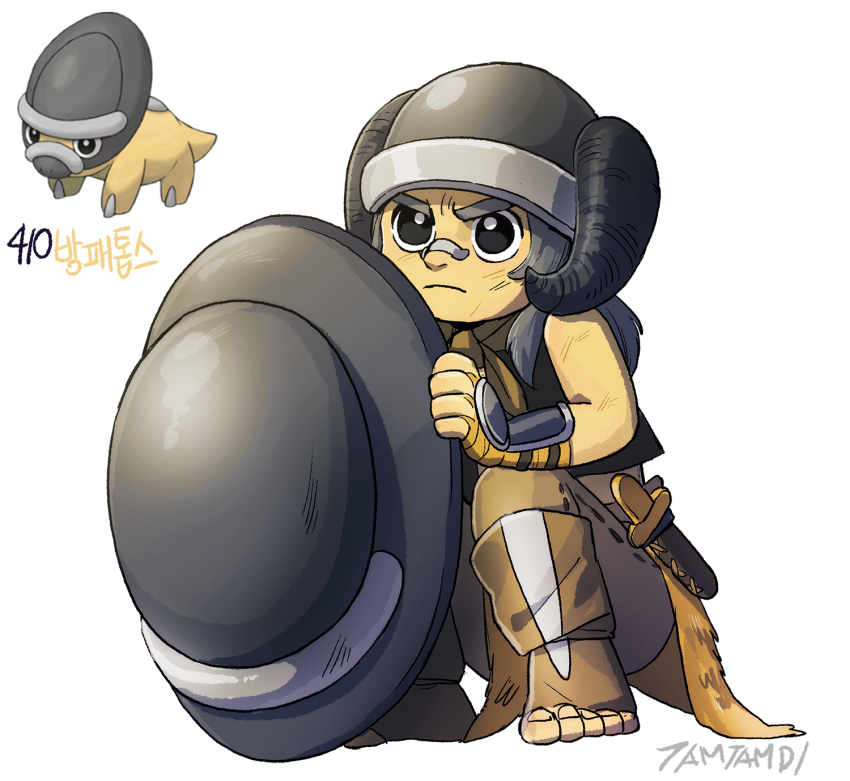 1boy artist_name bandaid bandaid_on_face bandaid_on_nose black_eyes bright_pupils closed_mouth creature_and_personification dagger fingerless_gloves game_freak gen_4_pokemon gloves grey_hair highres holding holding_shield knife korean_commentary long_hair male_focus nintendo personification pokemon pokemon_(creature) reference_inset shield shieldon signature simple_background squatting tamtamdi toeless_footwear translated weapon white_background white_pupils
