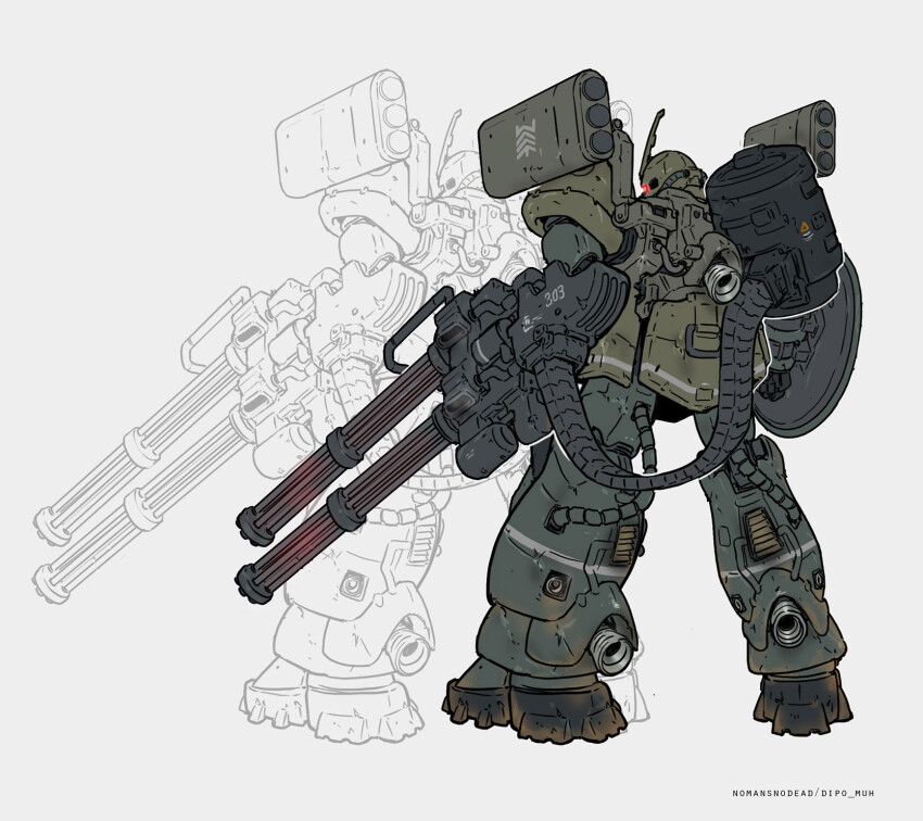 ammunition_belt arm_shield armor artist_name battle_damage cable commentary cyclops dent drum_magazine english_commentary facing_away gatling_gun glowing glowing_eye glowing_eyes glowing_hot green_armor gun gundam highres holding holding_gun holding_weapon huge_weapon lineart looking_back magazine_(weapon) mecha mecha_focus military minigun missile_pod mobile_suit no_humans nomansnodead one-eyed outline pauldrons red_eyes robot science_fiction shield shoulder_armor shoulder_cannon simple_background soot standing steam thrusters tube vent_(object) vernier_thrusters weapon white_background white_lines white_outline zaku_ii zaku_ii_s zeon zoom_layer