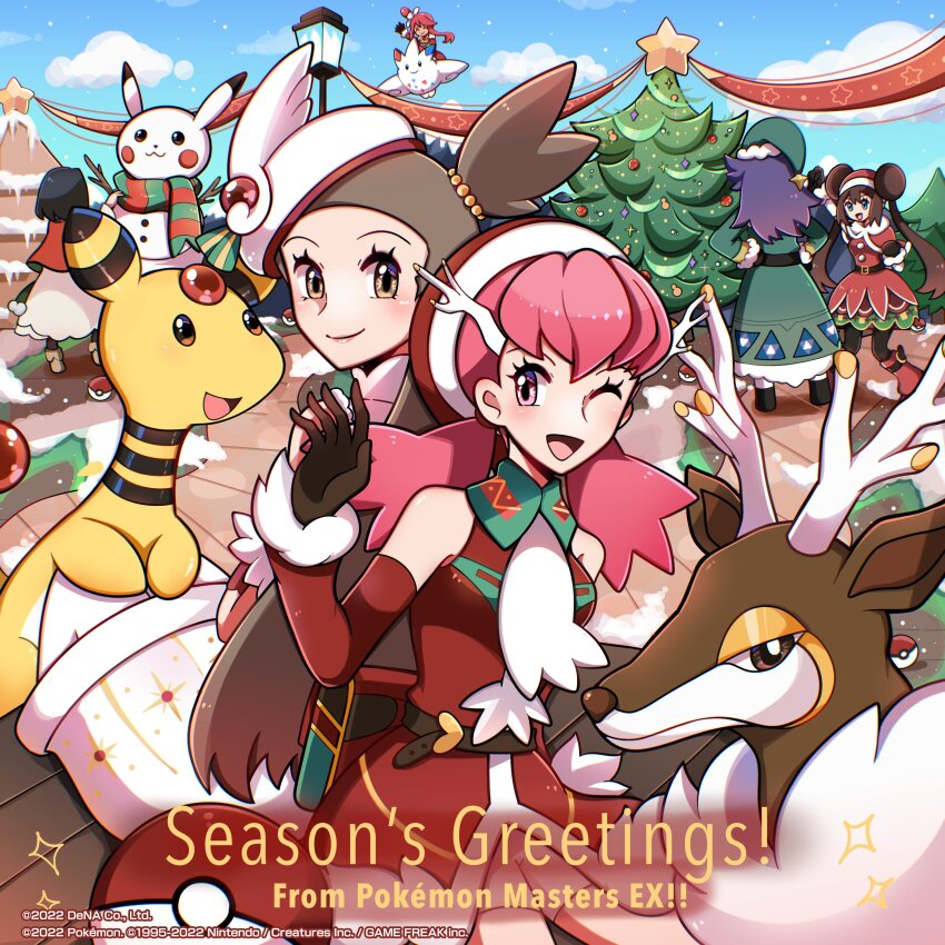 absurdres ampharos black_hair blush brown_hair christmas christmas_tree dress english_text erika_(holiday_2020)_(pokemon) erika_(pokemon) gen_1_pokemon gen_2_pokemon gen_4_pokemon gen_5_pokemon gloves hat highres jasmine_(holiday_2022)_(pokemon) jasmine_(pokemon) leon_(holiday_2021)_(pokemon) leon_(pokemon) long_hair nintendo official_art pikachu pink_hair pokemon pokemon_(creature) pokemon_masters_ex purple_hair red_gloves rosa_(holiday_2019)_(pokemon) rosa_(pokemon) santa_costume santa_hat sawsbuck sawsbuck_(winter) short_hair skyla_(holiday_2020)_(pokemon) skyla_(pokemon) sleeveless snowman togekiss touyarokii white_dress whitney_(holiday_2022)_(pokemon) whitney_(pokemon)