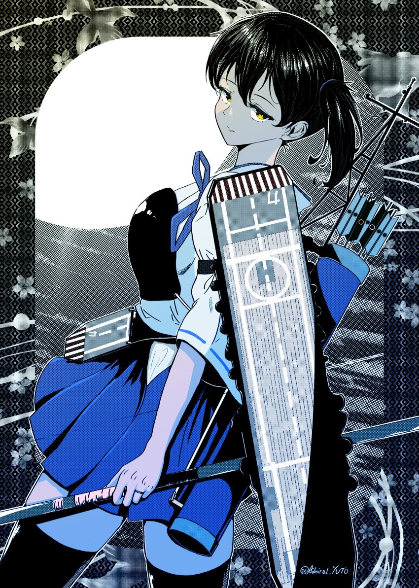 1girl absurdres blue_theme flight_deck hakama hakama_short_skirt hakama_skirt highres japanese_clothes jewelry kaga_(kancolle) kantai_collection long_hair machinery monochrome muneate quiver ring side_ponytail skirt smile solo spot_color tasuki thighhighs twitter_username wedding_ring yellow_eyes yoko_hata