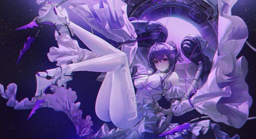 1girl absurdres armored_leotard bare_shoulders breasts chromatic_aberration cleavage colored_skin detached_sleeves diadem disgustingtokki frilled_skirt frills goddess_of_victory:_nikke headband heretics_(nikke) highleg highleg_leotard highres leotard liberalio_(nikke) looking_at_viewer pantyhose purple_hair purple_leotard purple_skin red_eyes short_hair skirt solo tube very_long_sleeves white_pantyhose