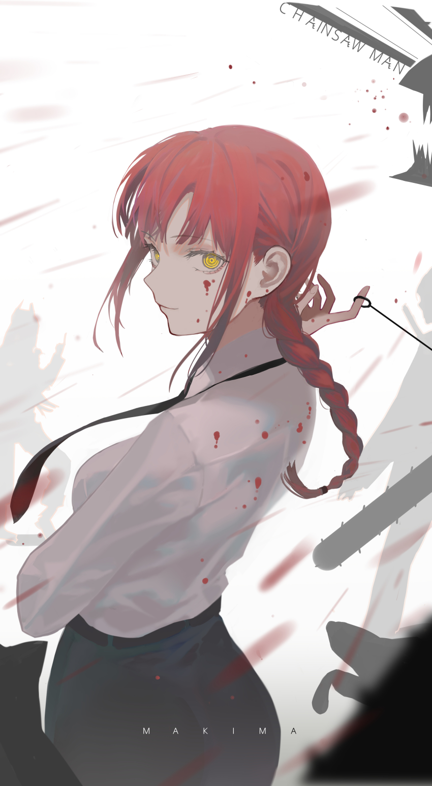 1girl absurdres ass black_necktie black_pants blood blood_on_clothes blood_on_face blood_splatter braid braided_ponytail breasts brown_hair business_suit cable chainsaw chainsaw_man character_name collared_shirt commentary_request copyright_name demon dog formal_clothes highres kayakooooo light_smile looking_at_viewer looking_back makima_(chainsaw_man) medium_breasts necktie office_lady pants ringed_eyes shirt shirt_tucked_in sidelocks silhouette smile suit white_shirt yellow_eyes
