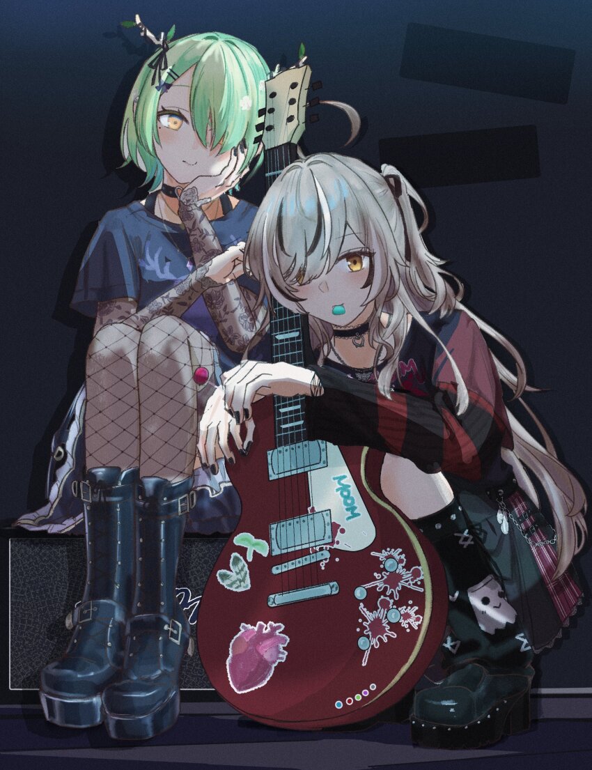2girls absurdres ahoge antler_ribbon antlers belt belt_chain black_background black_choker black_leg_warmers black_nails black_shirt black_skirt black_sweater boots brown_eyes brown_hair ceres_fauna ceres_fauna_(goth) choker electric_guitar emo_fashion feathers fishnets friend_(nanashi_mumei) goth_fashion green_hair guitar hair_over_one_eye hand_on_own_face heart heart_(organ) heart_choker heart_o-ring highres holding holding_guitar holding_instrument hololive hololive_english horns huge_ahoge instrument lace-trimmed_choker lace_sleeves lace_trim leg_warmers long_hair looking_at_viewer mole mole_under_eye multicolored_hair multiple_girls nanashi_mumei nanashi_mumei_(emo) o-ring o-ring_choker official_alternate_costume official_alternate_hairstyle one_side_up platform_boots platform_footwear pleated_skirt plectrum red_sweater sapling shirt short_hair skirt smile splatter sticker streaked_hair striped_clothes striped_sweater sweater sweater_under_shirt sytiny t-shirt torn_clothes torn_sweater tree_horns two-tone_sweater very_long_hair virtual_youtuber yellow_eyes