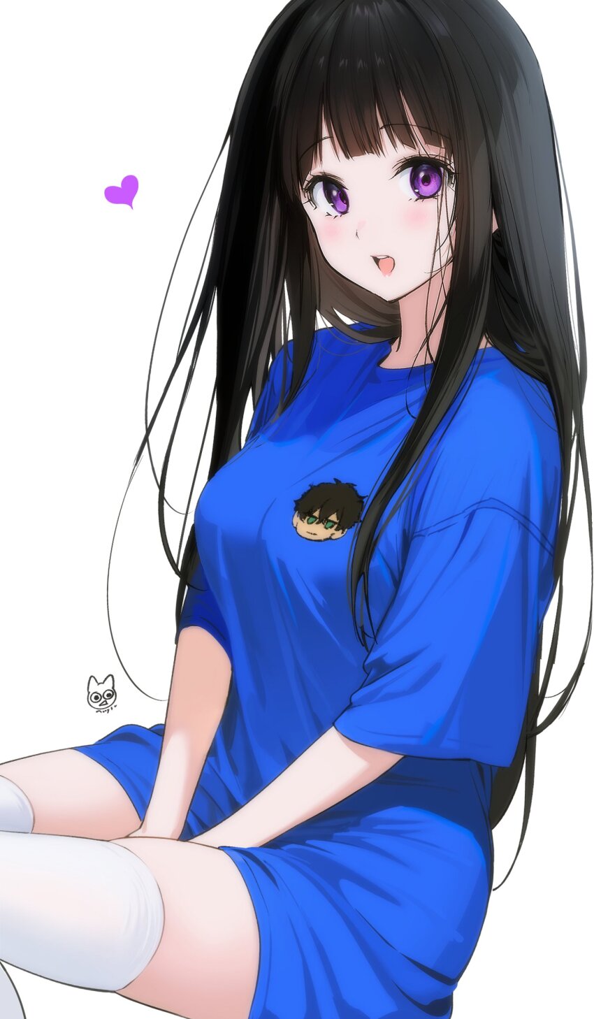 1girl :d absurdres alternate_costume artist_logo black_hair blue_shirt breasts character_print chitanda_eru heart highres hyouka large_breasts logo long_hair mery_(yangmalgage) open_mouth oreki_houtarou shirt short_sleeves simple_background smile thighhighs white_background white_thighhighs