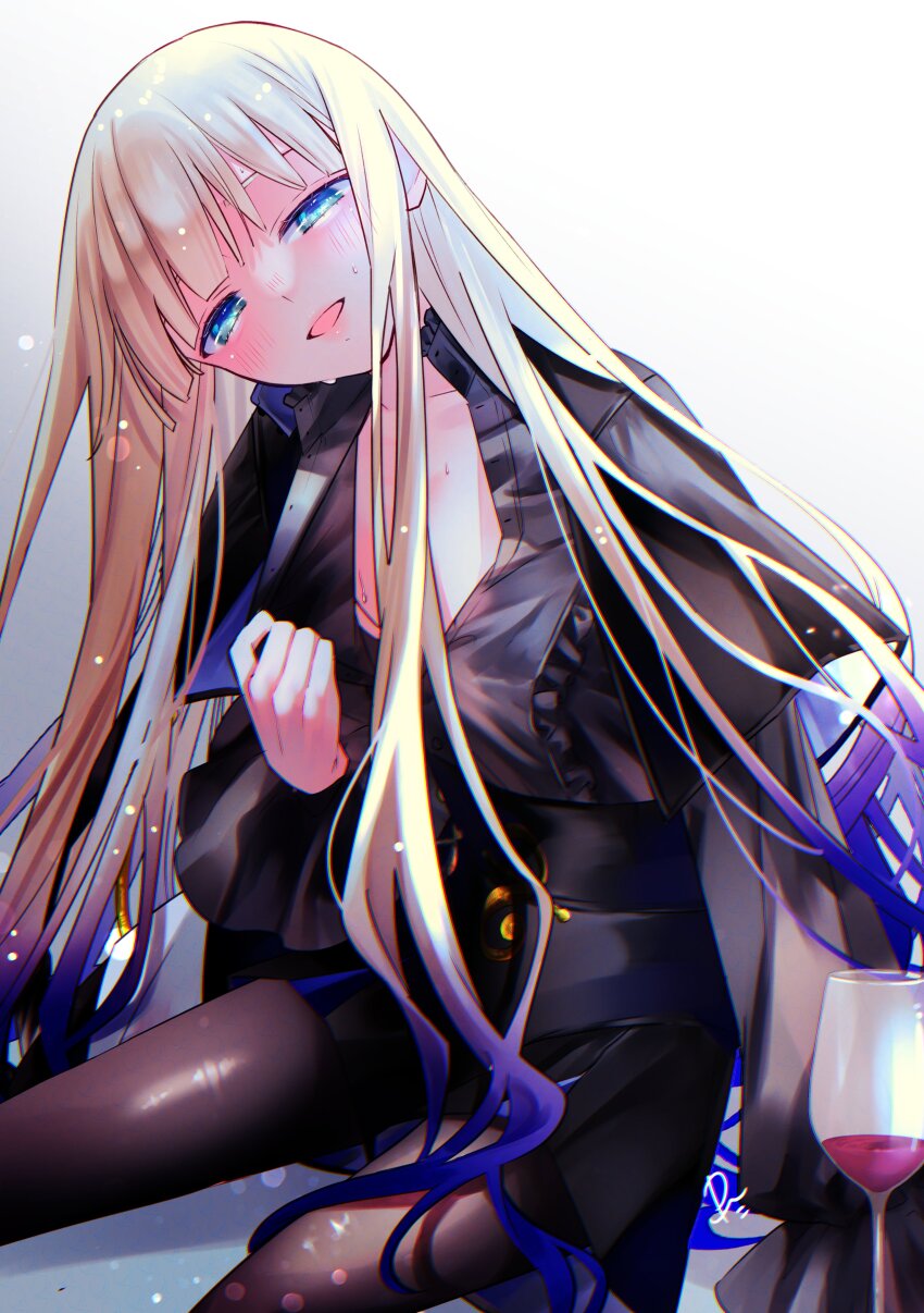 1boy absurdres black_pantyhose black_shirt black_shorts blonde_hair blue_eyes blush cup drinking_glass drunk fate/grand_order fate_(series) gradient_hair head_tilt high-waist_shorts highres long_hair looking_at_viewer male_focus multicolored_hair noah_(second_ascension)_(fate/grand_order) open_mouth pantyhose punta shirt shorts simple_background sitting smile solo trap unbuttoned unbuttoned_shirt very_long_hair white_background wine_glass