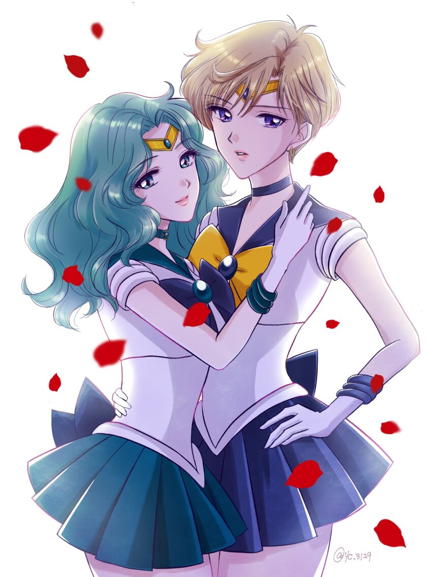 aqua_hair aqua_sailor_collar aqua_skirt back_bow bishoujo_senshi_sailor_moon blonde_hair blue_bow blue_bowtie blue_choker blue_eyes blue_sailor_collar blue_skirt bow bowtie brooch choker circlet earrings falling_petals gloves highres jewelry kaiou_michiru lips long_hair looking_at_viewer parted_bangs petals pleated_skirt sailor_collar sailor_neptune sailor_senshi_uniform sailor_uranus short_hair skirt smile ten&#039;ou_haruka white_gloves y-yazaki2406 yellow_bow yellow_bowtie