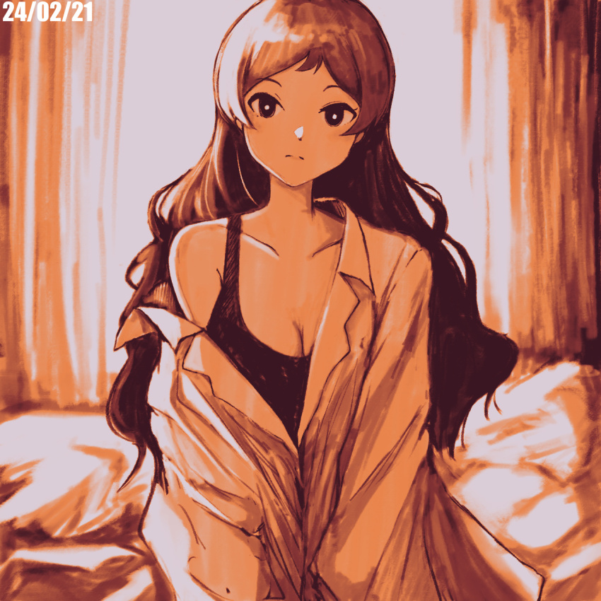 1girl breasts bright_pupils cleavage collarbone dated expressionless highres idolmaster idolmaster_million_live! indoors kitazawa_shiho koitusmile large_breasts long_hair looking_at_viewer shirt single_bare_shoulder solo very_long_hair white_pupils white_shirt