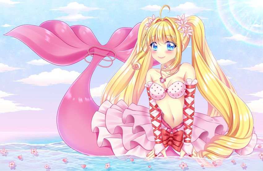 1girl ahoge bare_shoulders bikini blonde_hair blue_eyes blue_sky blush bow bow_skirt breasts bridal_gauntlets cleavage closed_mouth cloud collarbone commentary_request curly_sidelocks day flower full_body hair_between_eyes hair_flower hair_intakes hair_ornament highres jewelry layered_skirt long_hair looking_at_viewer medium_breasts mermaid mermaid_melody_pichi_pichi_pitch midriff monster_girl nanami_lucia nanami_lucia_(princess) navel necklace outdoors pink_bikini pink_skirt polka_dot polka_dot_bikini red_bow shell shell_necklace shirato_sayuri sidelocks sitting sitting_on_liquid skirt sky smile solo strapless strapless_bikini sunlight swimsuit tail tail_ornament tail_raised twintails very_long_hair water yokozuwari