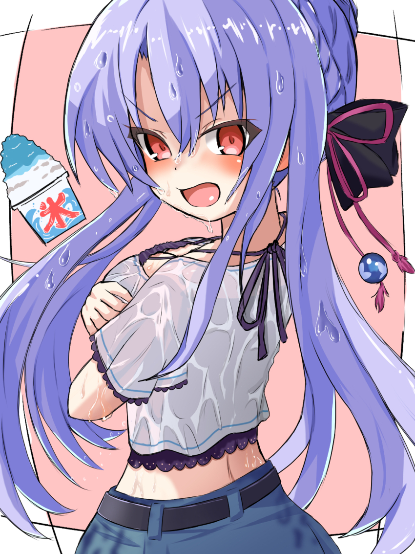 1girl arms_under_breasts belt black_belt black_bow blue_hair blue_skirt blush border bow breasts commentary_request covering_breasts covering_privates embarrassed food frilled_sleeves frills from_behind hair_between_eyes hair_bow hair_bun hair_ribbon highres large_breasts long_hair looking_at_viewer looking_back midriff nemona_(nemona168) open_mouth outside_border pink_background pink_ribbon red_eyes ribbon see-through_clothes see-through_shirt shaved_ice shirt short_sleeves sidelocks simple_background single_hair_bun skirt solo sorakado_ao summer_pockets v-shaped_eyebrows very_long_hair wet wet_clothes wet_hair white_border white_shirt