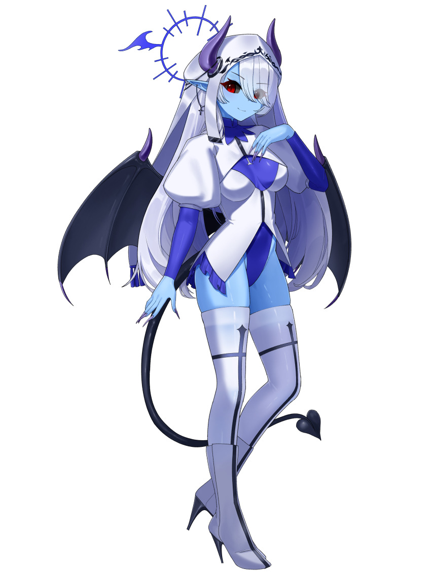 absurdres black_sclera blue_archive blue_skin breasts colored_sclera colored_skin commission corruption covered_navel cross cross_earrings dark_persona demon demon_girl demon_horns demon_tail demon_wings earrings fingernails grey_hair halo highleg highleg_leotard highres hinata_(blue_archive) horns jewelry leotard long_fingernails medium_breasts monster nabiyan pointy_ears red_eyes sharp_fingernails sisterhood_(blue_archive) tail thighhighs veil white_veil winged_halo wings