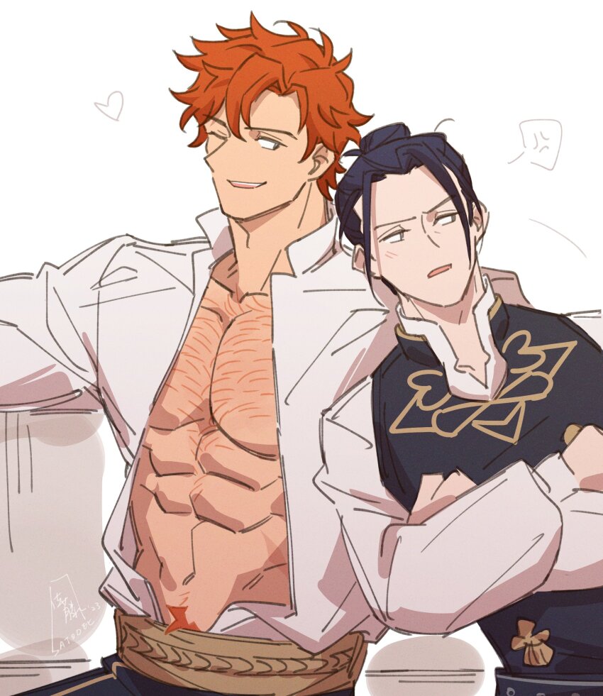 2boys abs anger_vein black_pants black_vest blue_hair chest_hair collarbone collared_shirt collared_vest commentary crossed_arms dark_blue_hair english_commentary felix_hugo_fraldarius fire_emblem fire_emblem:_three_houses garreg_mach_monastery_uniform groin hair_bun heart highres layered_clothes leaning leaning_on_person long_sleeves looking_at_another looking_to_the_side male_focus multiple_boys navel nintendo one_eye_closed open_clothes open_mouth open_shirt pants pectorals puffy_long_sleeves puffy_sleeves satodee shirt shirt_tucked_in single_hair_bun smile speech_bubble striped_clothes striped_pants sylvain_jose_gautier upper_body veins vest white_background yellow_trim