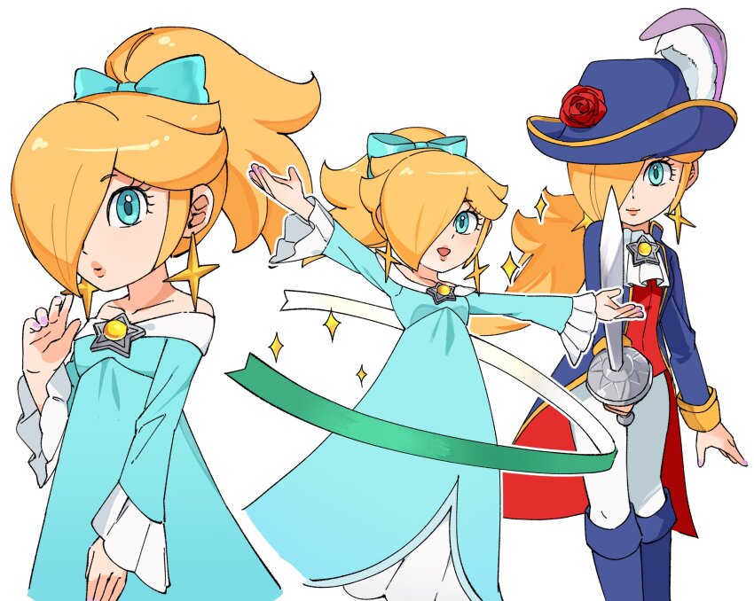 aqua_dress ascot blonde_hair blue_eyes brooch cavalier_hat cosplay dress earrings hair_over_one_eye hair_ribbon hat highres holding holding_sword holding_weapon jewelry mario_(series) multiple_views nintendo ponytail princess_peach princess_peach:_showtime! princess_peach_(cosplay) ribbon rosalina sasaki_sakiko star_(symbol) star_brooch star_earrings sword swordfighter_peach weapon