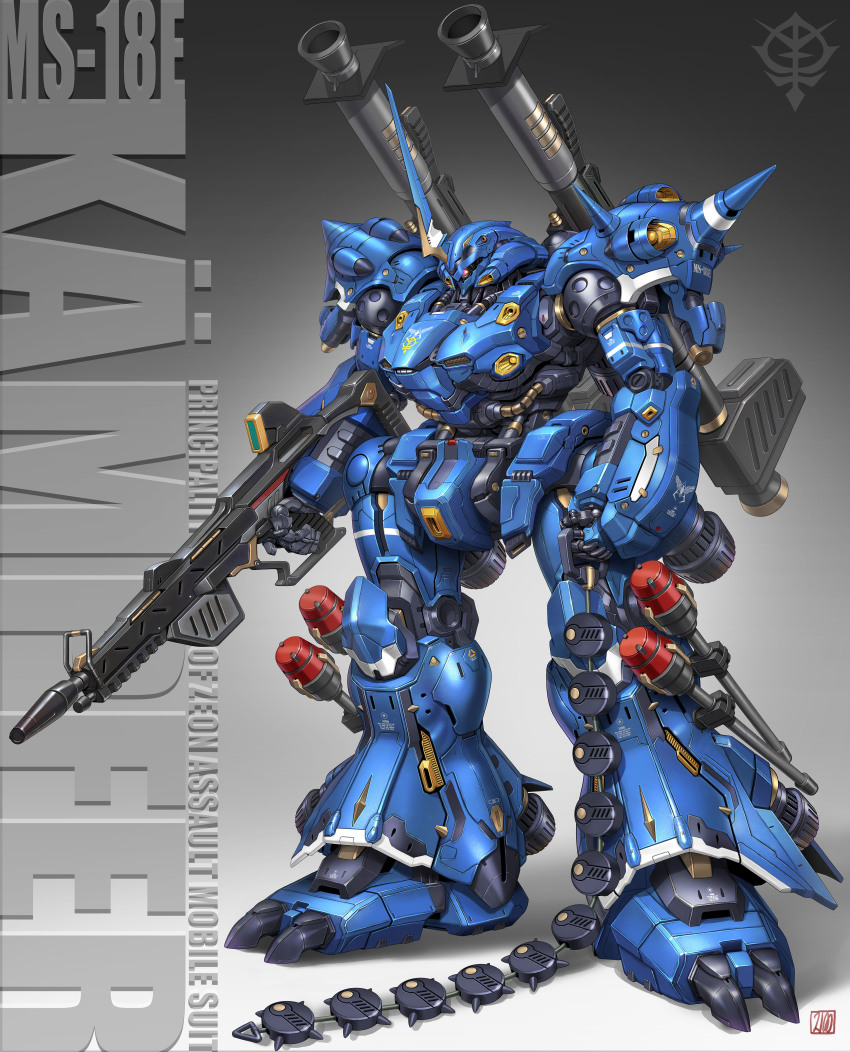 absurdres chain_mine character_name commentary_request finger_on_trigger gun gundam gundam_0080 highres holding holding_gun holding_weapon horns kampfer_(mobile_suit) looking_at_viewer maeda_hiroyuki mecha mobile_suit no_humans one-eyed red_eyes redesign robot science_fiction shoulder_cannon shoulder_spikes single_horn solo spikes standing sturm_faust weapon zeon