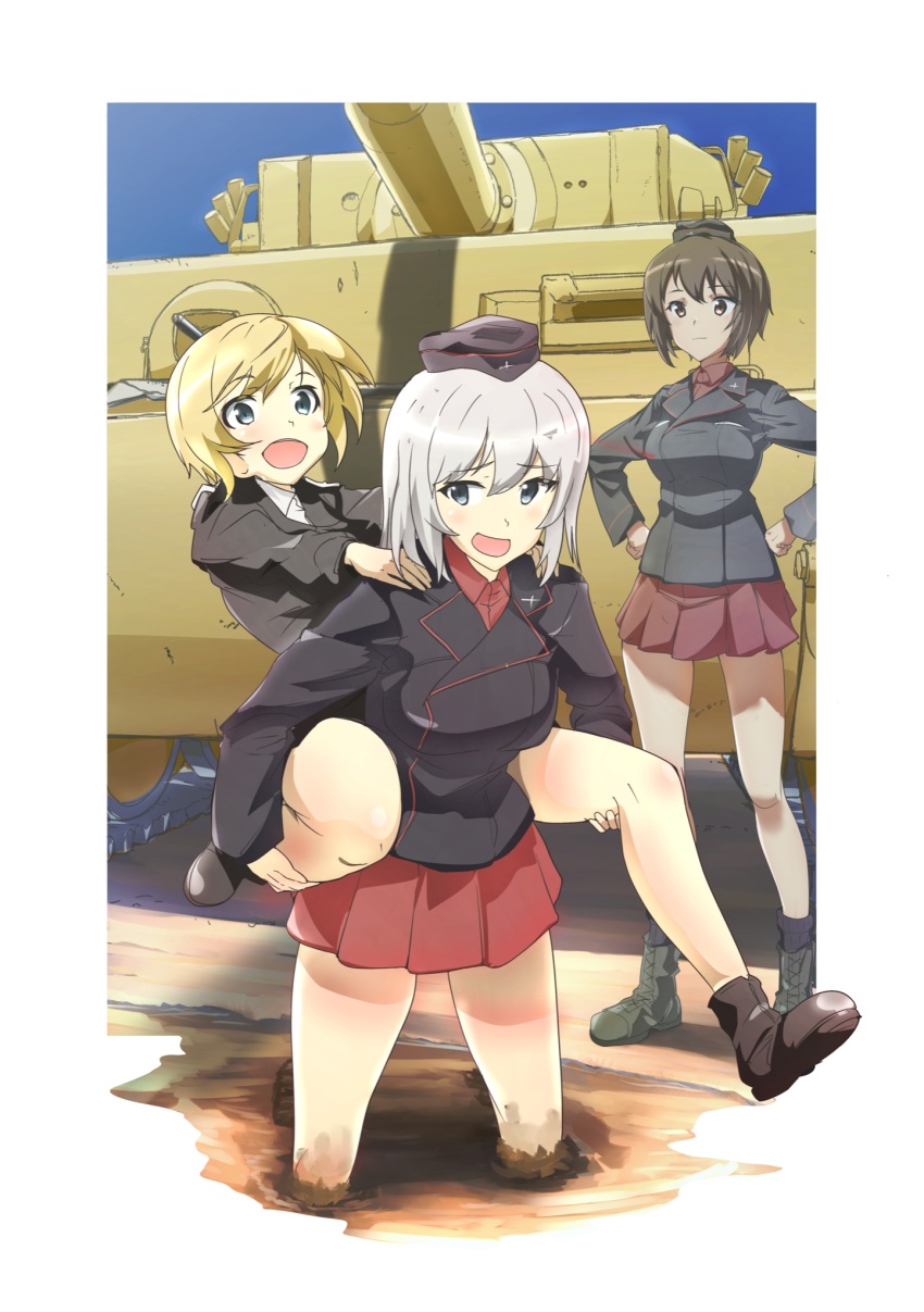 3girls black_jacket blonde_hair brown_hair carrying commentary_request crossover erica_hartmann garrison_cap girls_und_panzer grabbing_another&#039;s_thighs grey_hair hands_on_own_hips hat highres itsumi_erika jacket kuromorimine_military_uniform light_smile long_hair looking_at_another looking_back military_vehicle miniskirt motor_vehicle mud multiple_girls name_connection nishizumi_maho noah_(0bp3292) piggyback red_skirt short_hair skirt smile standing strike_witches tank tiger_i world_witches_series
