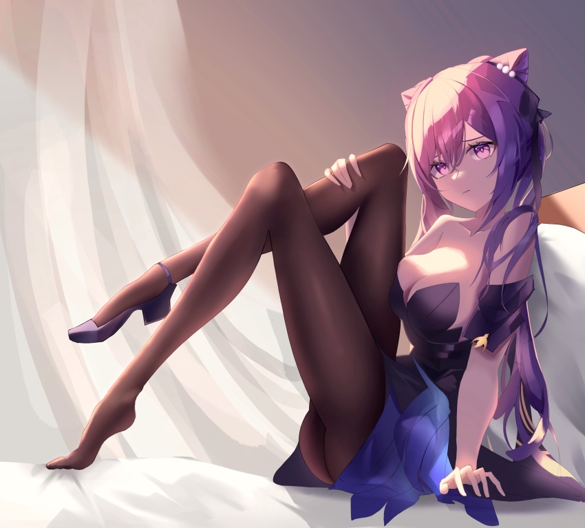 absurdres arynk cone_hair_bun diamond-shaped_pupils diamond_(shape) double_bun dress genshin_impact hair_bun hair_ears highres keqing_(genshin_impact) keqing_(opulent_splendor)_(genshin_impact) multicolored_dress pantyhose pearl_hair_ornament purple_eyes purple_hair strapless strapless_dress symbol-shaped_pupils twintails two-tone_dress
