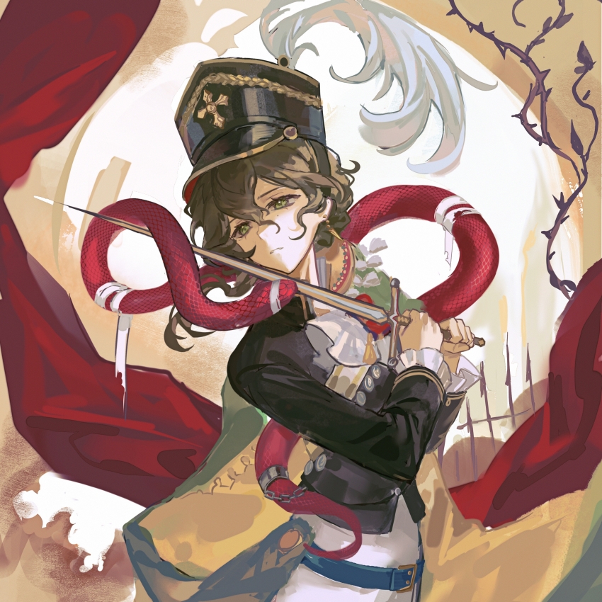 1girl absurdres black_hat black_jacket blade_to_throat brown_hair cape closed_mouth earrings green_eyes hair_between_eyes hat hat_feather highres holding holding_sword holding_weapon jacket jewelry military_hat recoleta_(reverse:1999) reverse:1999 short_hair snake solo sword turning_head two-handed upper_body weapon yelin_yoru yellow_background yellow_cape