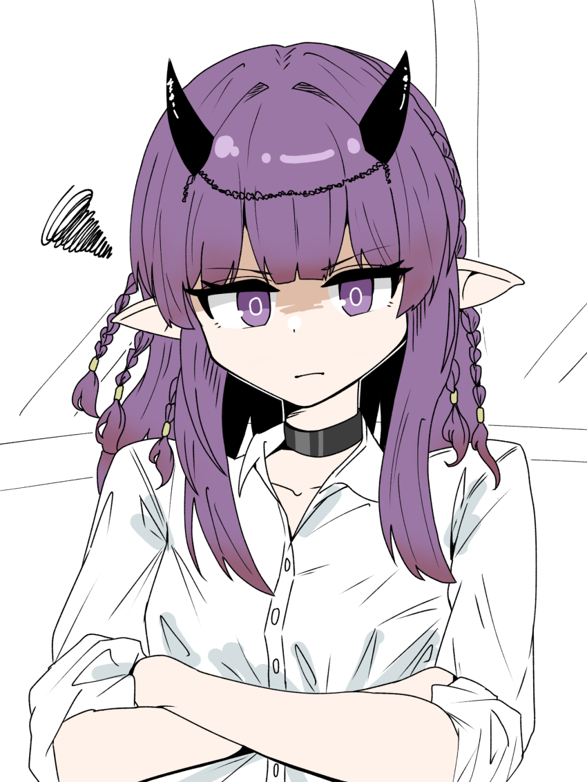 1girl annoyed arknights black_choker black_horns braid choker closed_mouth commentary_request crossed_arms highres horns lava_(arknights) lava_the_purgatory_(arknights) light_frown long_hair looking_at_viewer mikita_casdy partial_commentary pointy_ears purple_eyes purple_hair shaded_face shirt sketch_background sleeves_pushed_up solo squiggle upper_body white_shirt