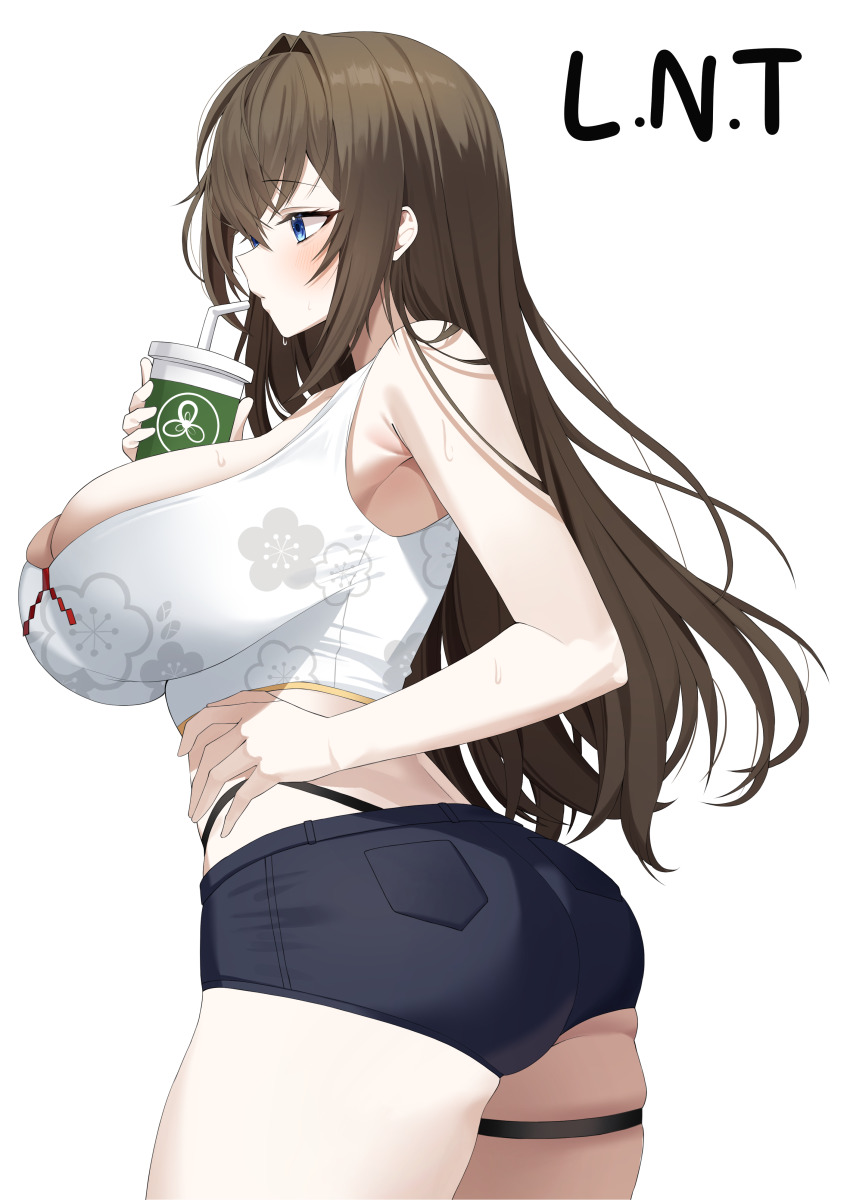 1girl _ absurdres ass bare_arms black_panties black_shorts blue_eyes blush bodiedwile breasts brown_hair cup disposable_cup drinking drinking_straw floral_print highleg highleg_panties highres holding holding_cup huge_breasts korean_commentary long_hair looking_ahead original panties shorts sideboob sidelocks simple_background skindentation solo standing sweat takamiya_keika tank_top thigh_strap underwear white_background white_tank_top