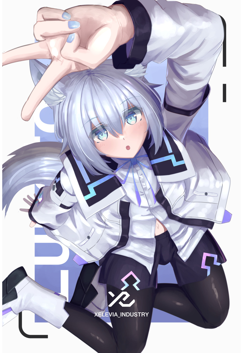1boy :o absurdres animal_ear_fluff animal_ears arm_up black_pantyhose black_shorts blue_eyes blue_nails blush boots fox_boy fox_ears fox_tail from_above grey_hair hair_between_eyes highres jacket long_sleeves looking_at_viewer looking_up lunato_(vrchat) male_focus midriff_peek nail_polish navel open_mouth pantyhose ribbon shirt shoes short_hair short_shorts shorts sitting solo tail v vrchat white_hair white_jacket white_shirt white_shoes xelevia yokozuwari