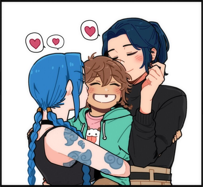 3girls ^_^ affectionate arcane:_league_of_legends arcane_caitlyn arcane_jinx arm_tattoo belt black_belt black_shirt black_tank_top blush bowwow_(hamju94) braid brown_hair caitlyn_(league_of_legends) child closed_eyes cloud_tattoo commentary english_commentary facing_another green_hoodie grin hair_between_eyes heart hood hood_down hoodie isha_(arcane) jinx_(league_of_legends) kiss kissing_cheek league_of_legends long_hair long_sleeves missing_tooth multiple_girls pink_shirt ponytail print_shirt shirt shirt_tucked_in short_hair simple_background smile spoken_heart sweater tank_top tattoo turtleneck turtleneck_sweater twin_braids white_background