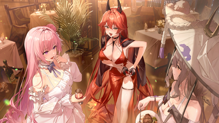 3girls 7gao armpits between_breasts black_choker black_gloves black_jacket blue_bow blue_bowtie blush bottle bow bowtie breasts chinese_commentary choker cleavage closed_mouth collar commentary criss-cross_halter cup detached_collar detached_sleeves dorothy_(nikke) dress drinking_glass fang feet_out_of_frame fingerless_gloves food frilled_collar frilled_sleeves frills gloves goddess_of_victory:_nikke grey_hair hair_between_eyes hair_bun hair_intakes hair_ornament hair_stick halterneck hand_to_own_mouth hat highres hip_vent holding holding_cup holding_plate horns jacket jacket_on_shoulders jingasa large_breasts large_hat logo long_hair looking_at_another mechanical_horns medium_breasts multiple_girls no_bra official_alternate_costume official_art open_mouth pink_hair plant plate potted_plant purple_eyes red_dress red_hair red_hood_(nikke) red_hood_(nonsense_red)_(nikke) restaurant rope scarlet_(nikke) single_side_bun skin_fang sleeveless sleeveless_dress smile standing strap_between_breasts sweatdrop table tablecloth thigh_strap very_long_hair white_dress white_hat wine_bottle wine_glass wrist_guards yellow_eyes