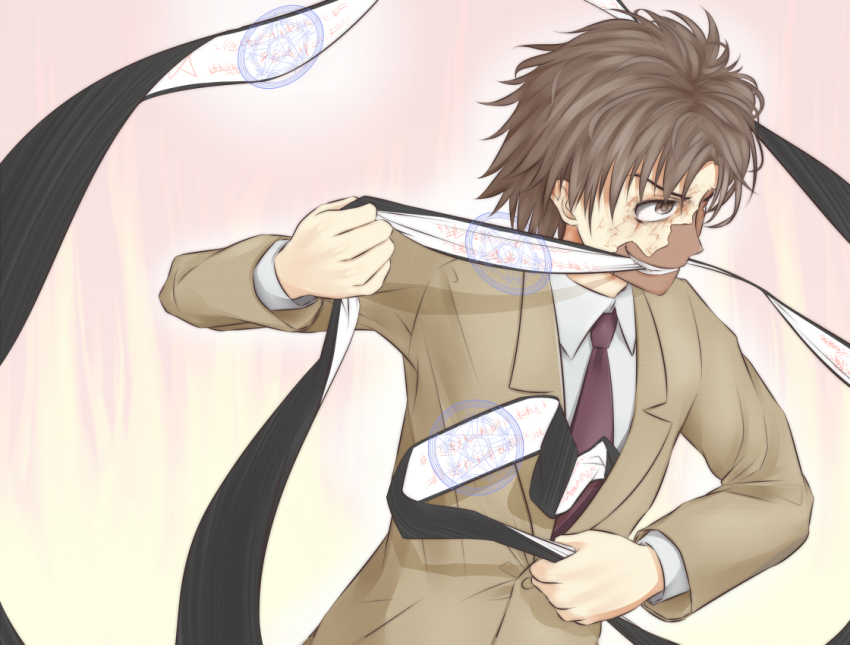 1boy brown_eyes brown_hair brown_jacket brown_suit colored_skin commentary_request cracked_skin dark-skinned_male dark_skin etzali formal_clothes grin hand_up holding jacket long_hair magic magic_circle male_focus multicolored_skin necktie red_necktie shin_(highest1192) shirt short_hair smile solo suit toaru_majutsu_no_index unabara_mitsuki upper_body white_shirt