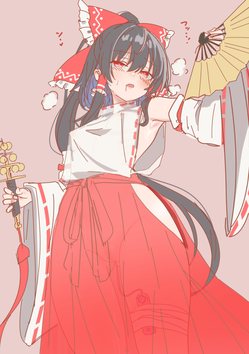 1girl arm_up armpits blush bow detached_sleeves egg_vibrator frilled_bow frilled_hair_tubes frills gohei hair_bow hair_tubes hakurei_reimu hand_fan highres holding holding_gohei long_hair looking_at_viewer multiple_girls no_panties nontraditional_miko object_insertion open_mouth pink_background pussy red_bow red_skirt ribbon-trimmed_sleeves ribbon_trim see-through_clothes sex_toy simple_background skirt skirt_set soara_shimomo solo touhou vaginal vaginal_object_insertion vibrator vibrator_cord vibrator_in_thigh_strap vibrator_under_clothes