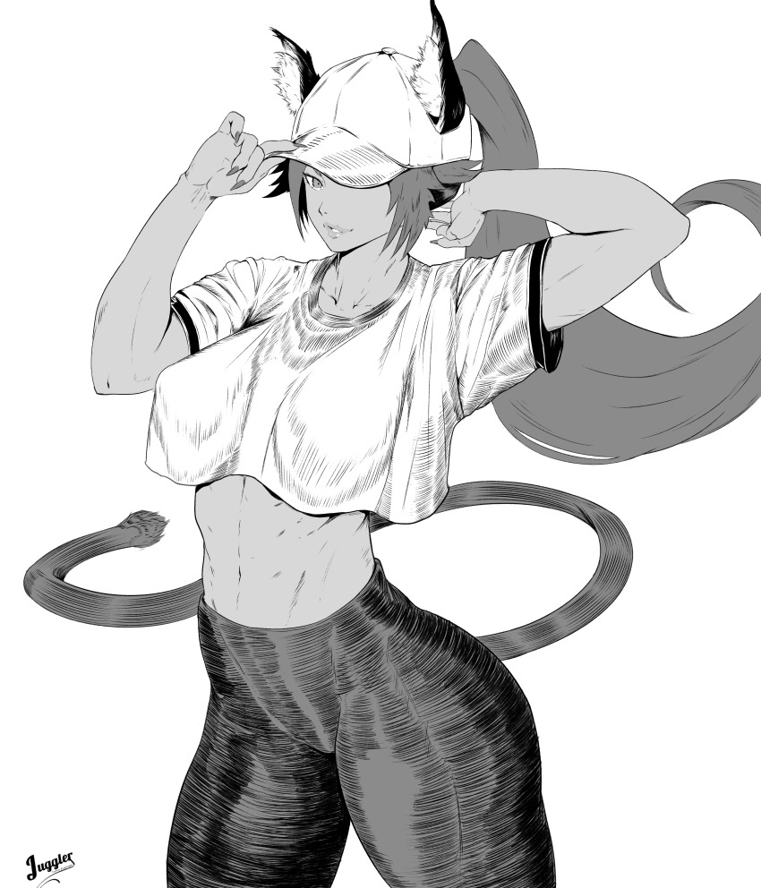 1girl absurdres artist_name baseball_cap black_pants bleach breasts collarbone cropped_shirt female_focus fingernails hair_ears hat highres juggler_(sun_juggler) long_fingernails long_hair medium_breasts monochrome pants ponytail shihouin_yoruichi simple_background tail toned toned_female white_background