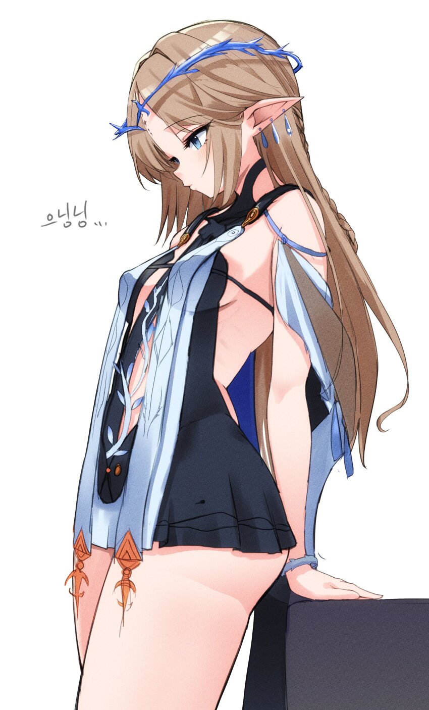 absurdres bare_shoulders black_collar black_dress blonde_hair blue_eyes breasts cartethyia_(wuthering_waves) collar commentary cowboy_shot cream_bread crown_of_thorns dress earrings from_side highres jewelry korean_text long_hair looking_down pointy_ears short_dress simple_background small_breasts tabard tacet_mark_(wuthering_waves) thighs translation_request white_background white_tabard wuthering_waves