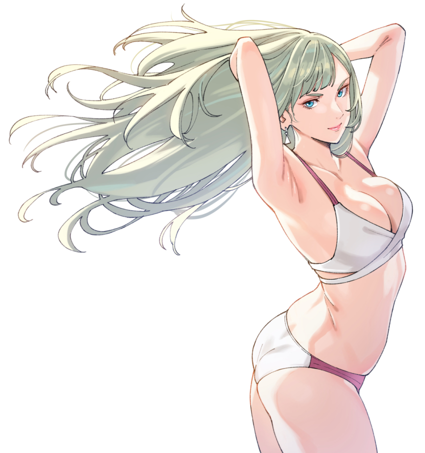 1girl ass bikini blonde_hair blue_eyes breasts cleavage commentary_request detached_sleeves floating_hair gigi_andalusia gundam gundam_hathaway&#039;s_flash highres long_hair looking_at_viewer medium_breasts shouji_nigou smile solo swimsuit white_background